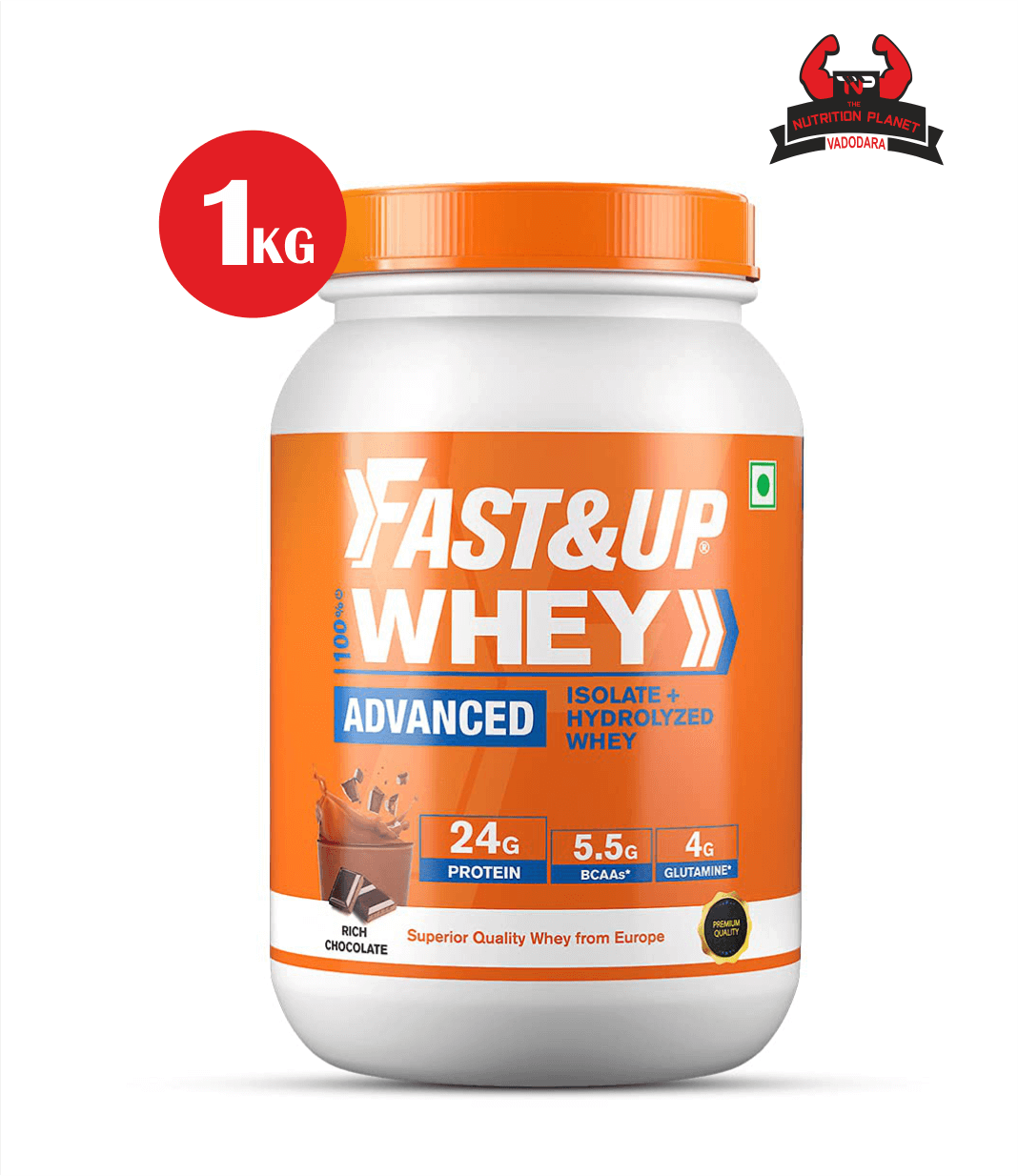 Fast&Up 100% Whey Isolate & Hydrolysate Whey Protein (Rich Chocolate, 30 Servings) - 24g Protein, 5.5g BCAA, 4g Glutamine (2.01Lbs, 912gm) - 1 KG